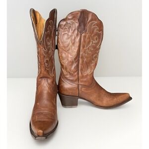 RW Reywelt Western Cowboy Boots Brown Leather Embroidered Square Toe Womens 9